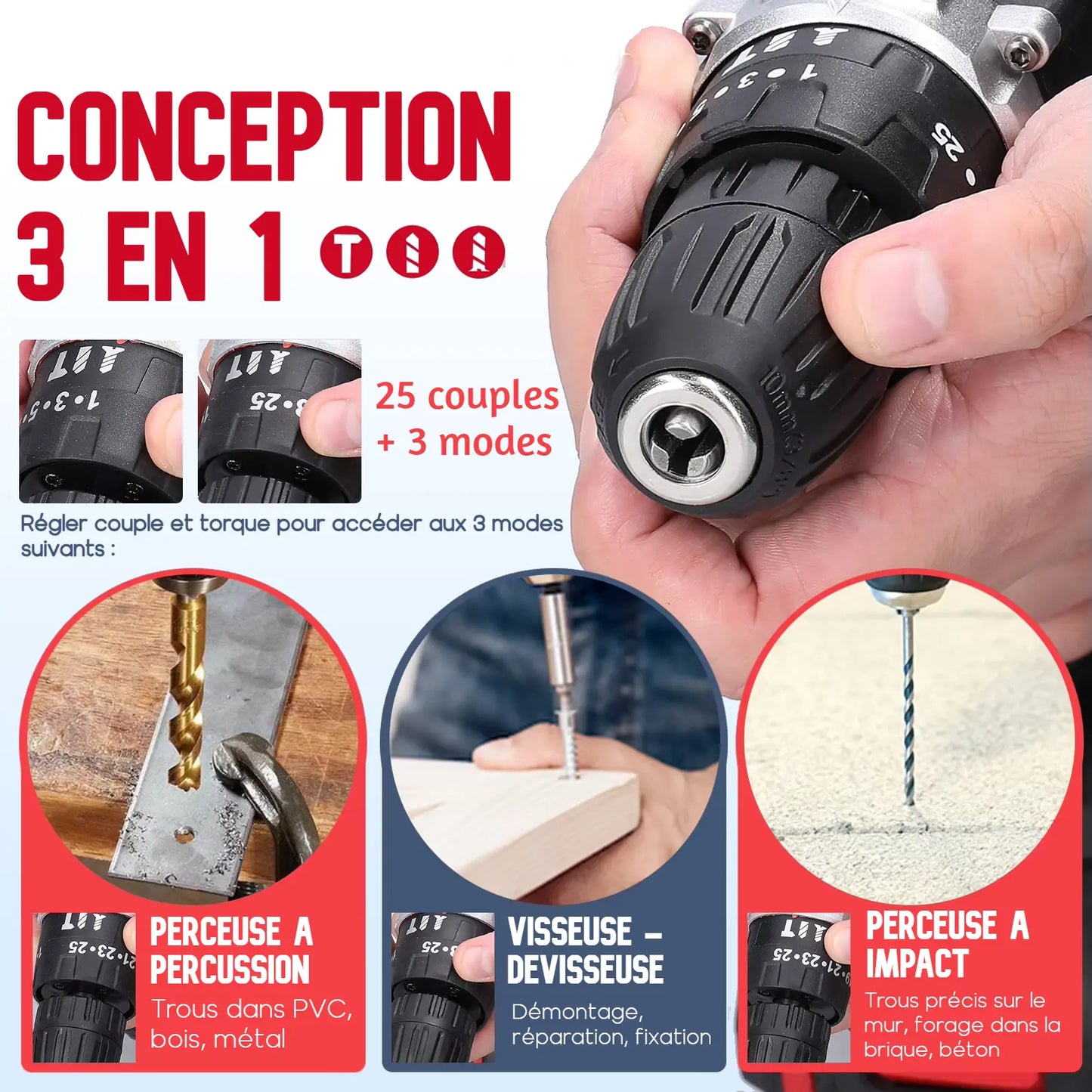 Perceuse électrique sans fil 3-EN-1 21V