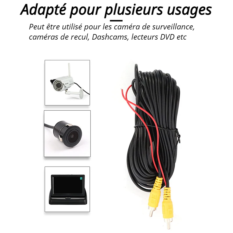 Câble vidéo RCA 6 M / 10 M /20 Mètres pour caméra de recul de voiture, fil universel pour connecter une caméra de recul avec moniteur multimédia