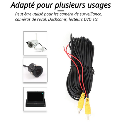 Câble vidéo RCA 6 M / 10 M /20 Mètres pour caméra de recul de voiture, fil universel pour connecter une caméra de recul avec moniteur multimédia