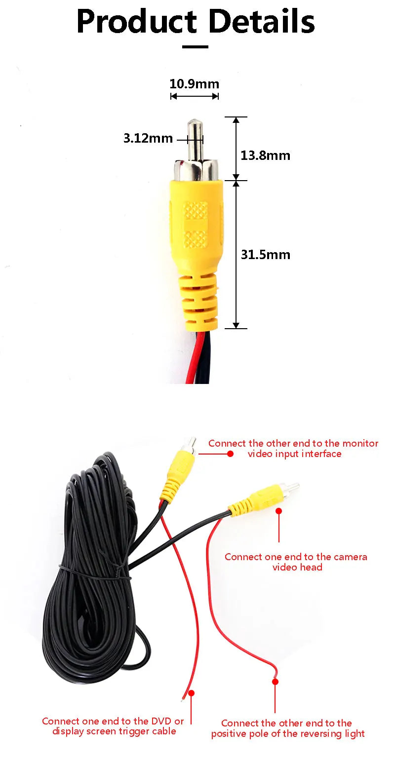 Câble vidéo RCA 6 M / 10 M /20 Mètres pour caméra de recul de voiture, fil universel pour connecter une caméra de recul avec moniteur multimédia