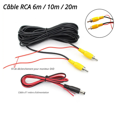 Câble vidéo RCA 6 M / 10 M /20 Mètres pour caméra de recul de voiture, fil universel pour connecter une caméra de recul avec moniteur multimédia