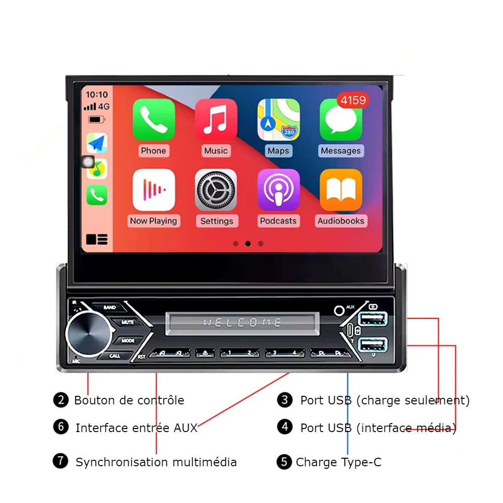 Autoradio 1 DIN Universel | Carplay & Android auto | Bluetooth |  Écran rétractable automatique
