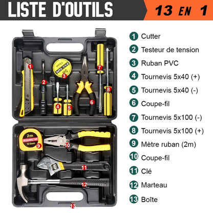 Kit d'outils à main bricolage 13 pièces avec boîte de rangement